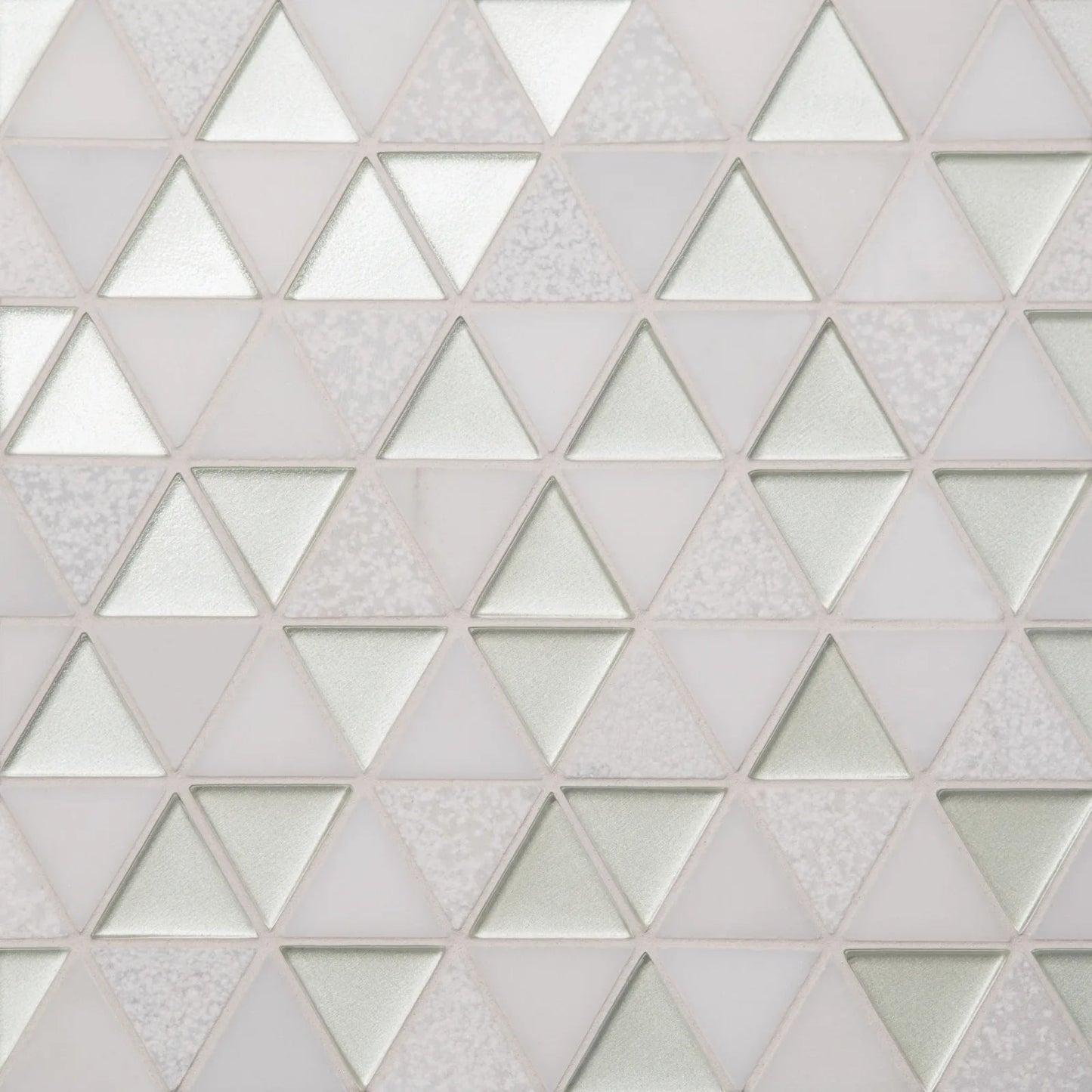 Bedrosians Kaikos Collection Pearl and Oriental White (1.75" Triangle Pieces) 9.5" x 10" Glass & Marble Mosaic Tile