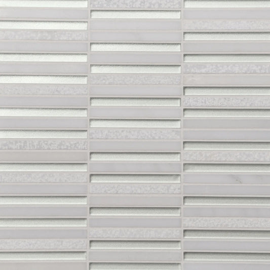 Bedrosians Kaikos Collection Pearl and Oriental White (3/8" x 4" Pieces) 11.75" x 12" Stacked Glass & Marble Mosaic Tile