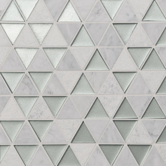 Bedrosians Kaikos Collection Silver and White Carrara (1.75" Triangle Pieces) 9.5" x 10" Glass & Marble Mosaic Tile