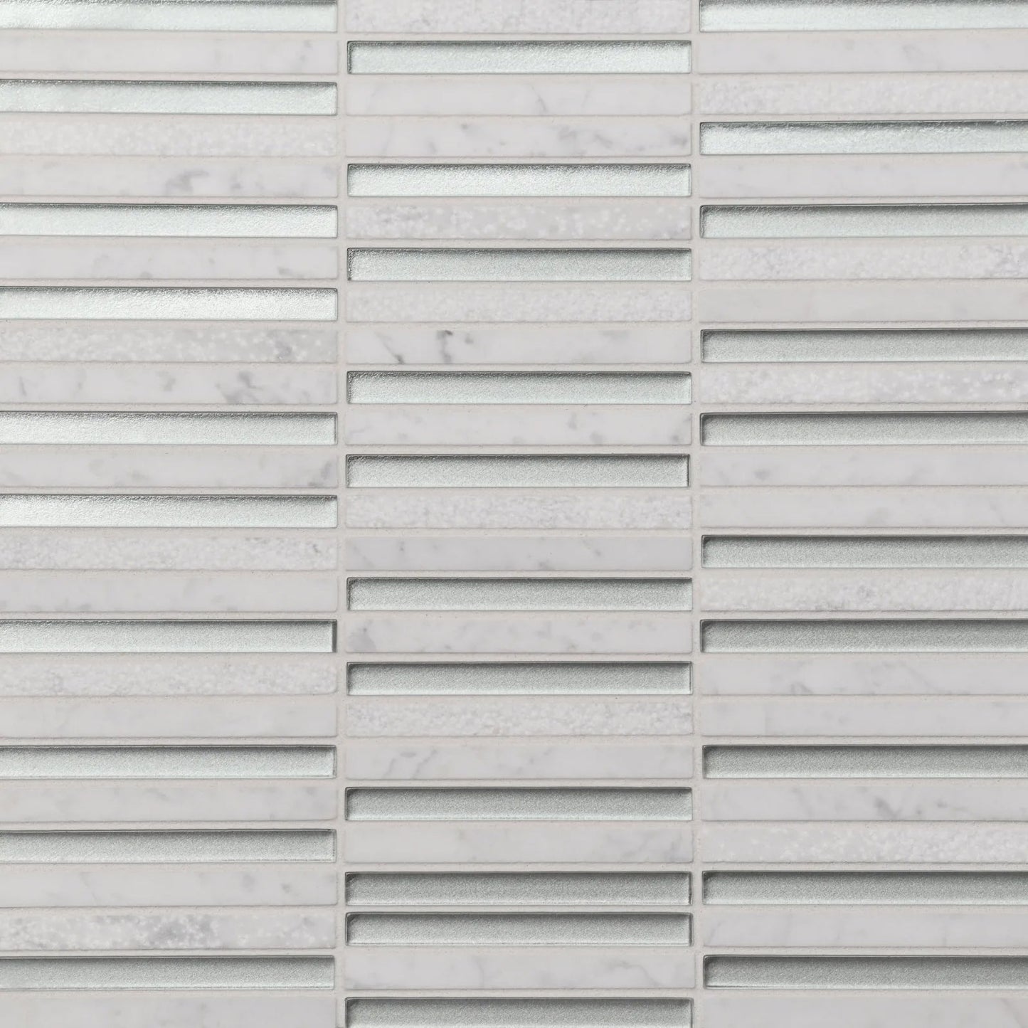 Bedrosians Kaikos Collection Silver and White Carrara (3/8" x 4" Pieces) 11.75" x 12" Stacked Glass & Marble Mosaic Tile