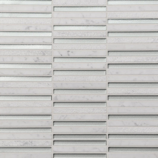 Bedrosians Kaikos Collection Silver and White Carrara (3/8" x 4" Pieces) 11.75" x 12" Stacked Glass & Marble Mosaic Tile