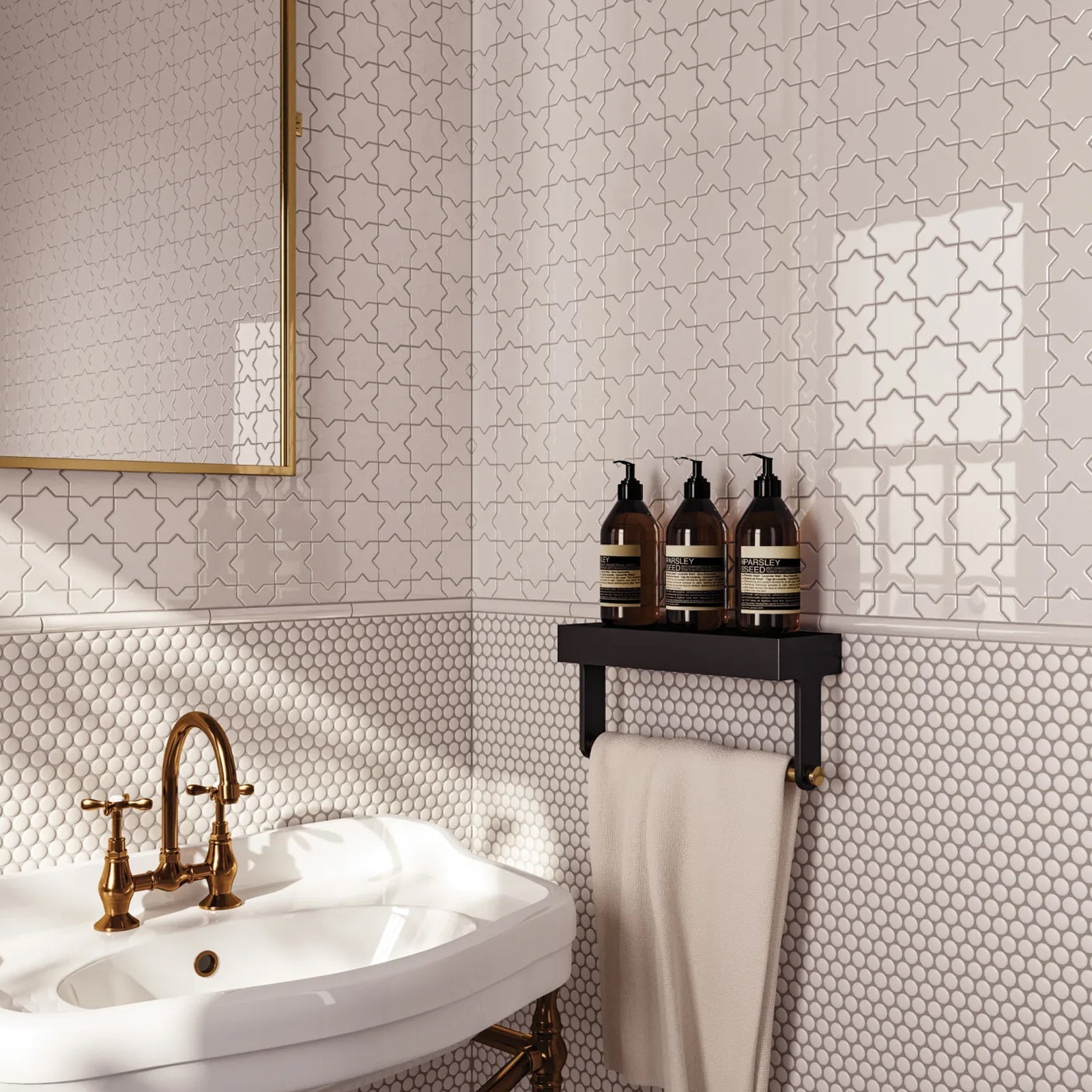 Bedrosians Le Cafe Collection White Penny Round (0.75" x 0.75" Pieces) 11.5" x 12.5" Glossy Porcelain Mosaic Tile
