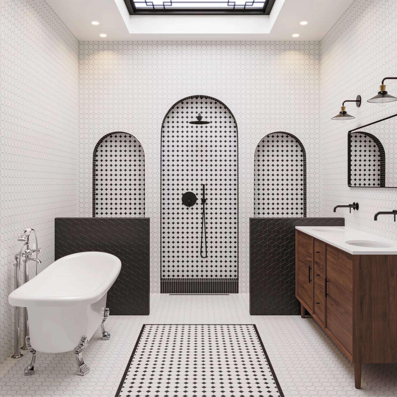 Bedrosians Le Cafe Collection White With Black Dot Octagon (2" x 2" Pieces) 11.75" x 11.75" Matte Porcelain Mosaic Tile