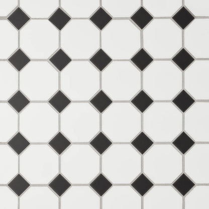 Bedrosians Le Cafe Collection White With Black Dot Octagon (2" x 2" Pieces) 11.75" x 11.75" Matte Porcelain Mosaic Tile