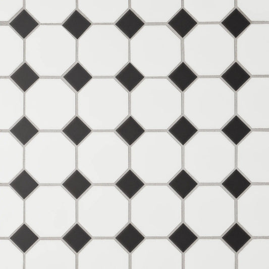 Bedrosians Le Cafe Collection White With Black Dot Octagon (2" x 2" Pieces) 11.75" x 11.75" Matte Porcelain Mosaic Tile