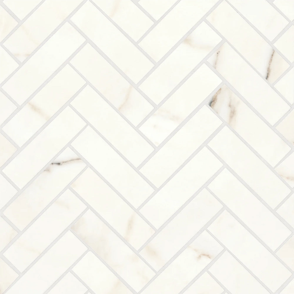 Bedrosians Magnifica Collection Calacatta Oro (1" x 4" Pieces) 10.75" x 11.5" Honed Herringbone Porcelain Mosaic Tile