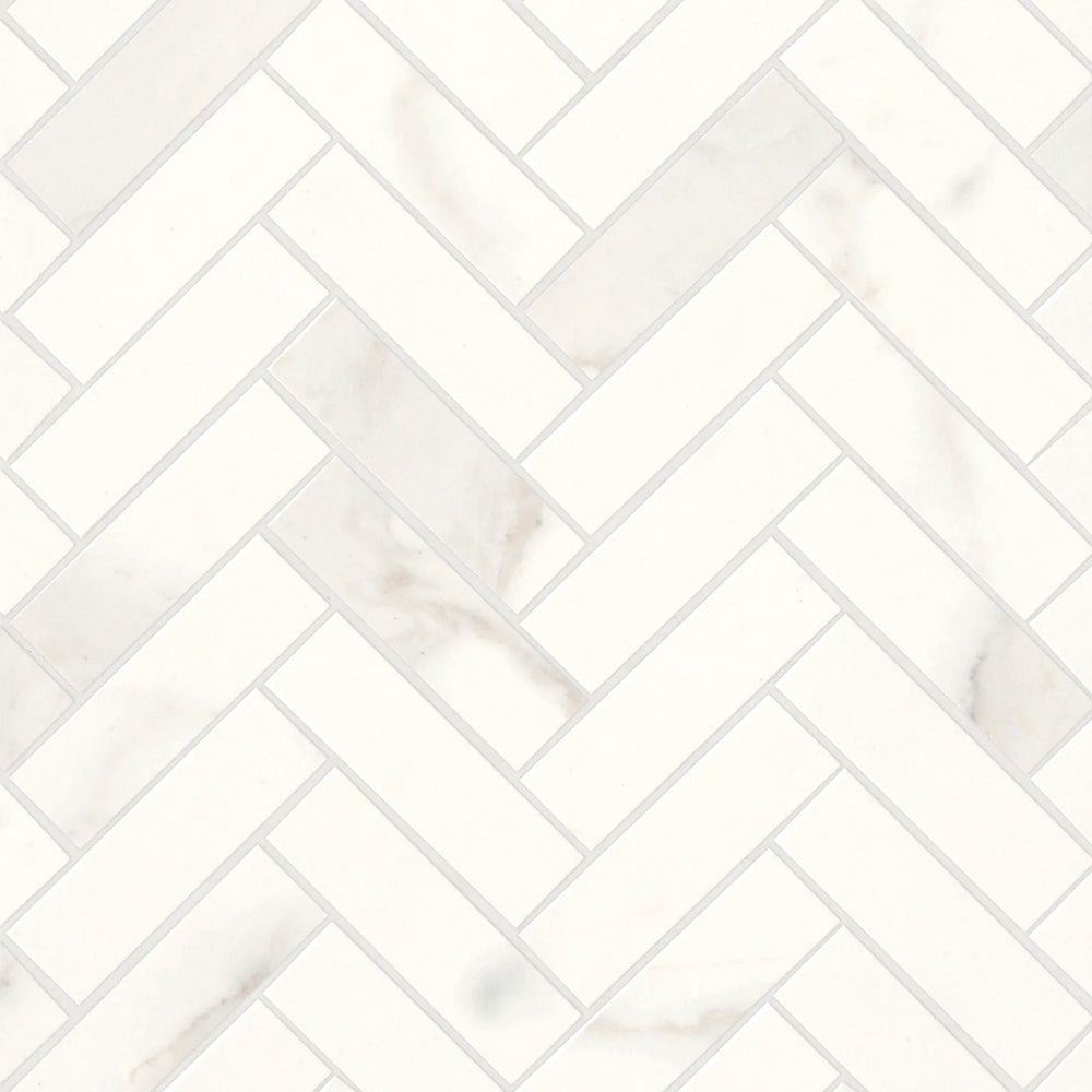 Bedrosians Magnifica Collection Calacatta Super White (1" x 4" Pieces) 10.75" x 11.5" Honed Herringbone Porcelain Mosaic Tile