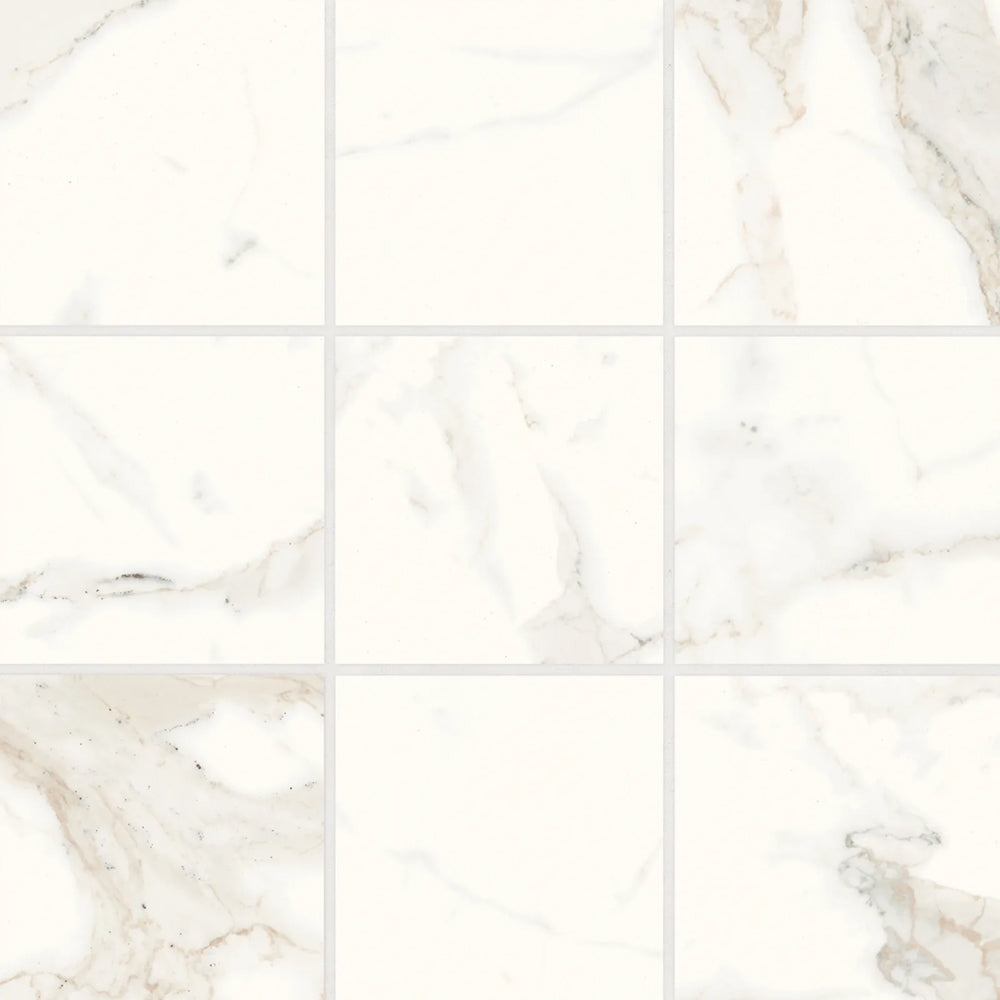 Bedrosians Magnifica Collection Calacatta Super White (4" x 4" Pieces) 11.5" x 11.5" Honed Porcelain Mosaic Tile