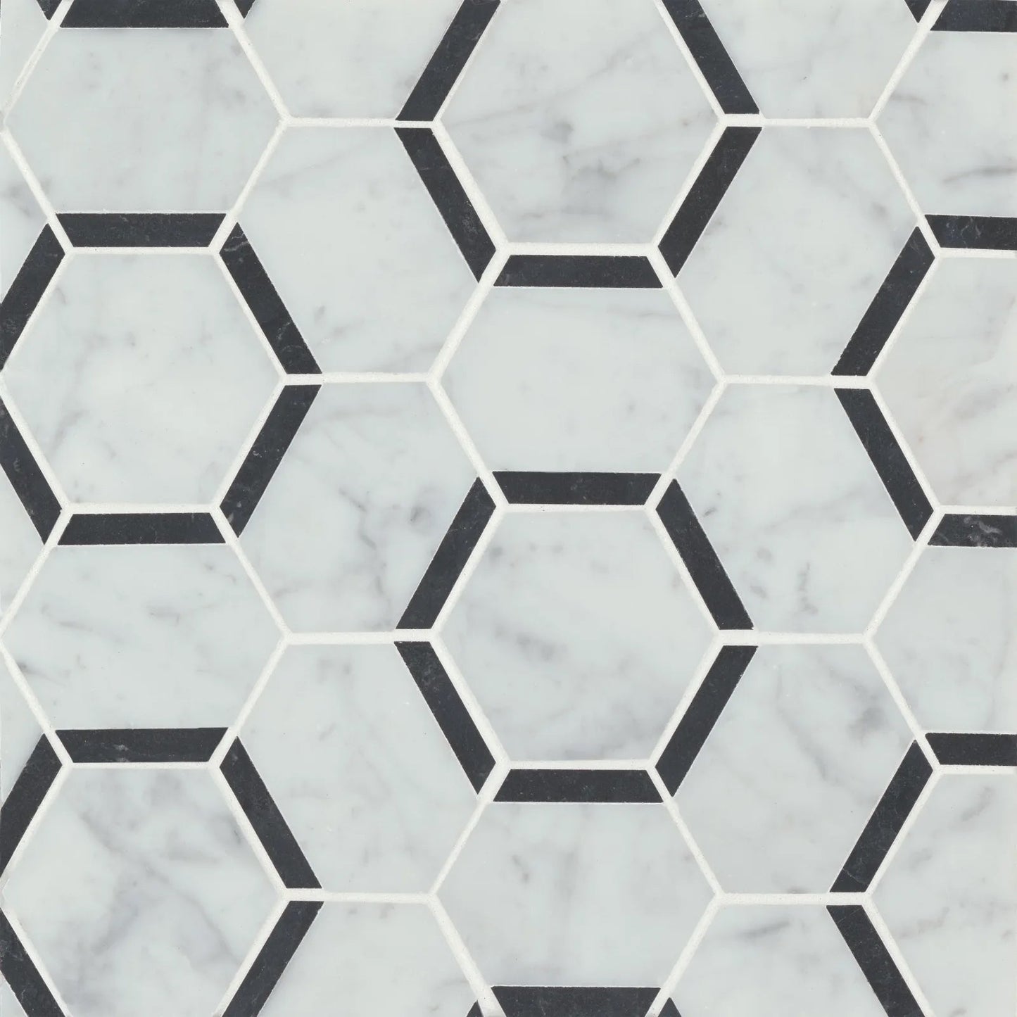 Bedrosians Matisse Hexagon Collection White Carrara & Nero Marquina 10.5" x 12.25" Marble Mosaic Tile