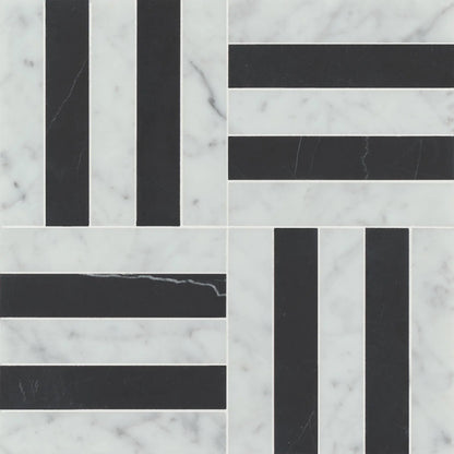 Bedrosians Matisse Rectangle Collection White Carrara & Nero Marquina 12.25" x 12.25" Honed Marble Mosaic Tile