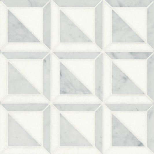 Bedrosians Matisse Triangles Collection White Carrara & Thassos 12.25" x 12.25" Honed Marble Mosaic Tile