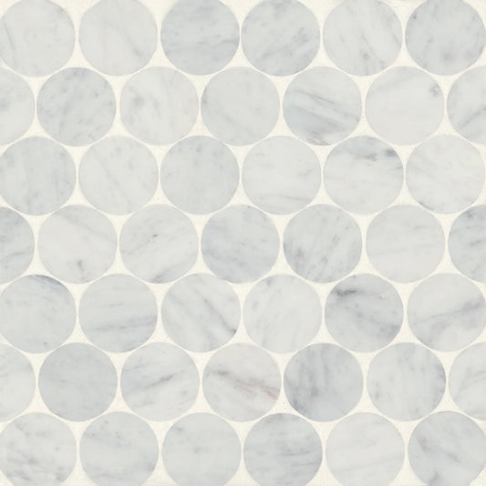 Bedrosians Monet 2" Penny Round Collection White Carrara 11.5" x 11.75" Honed Marble Mosaic Tile