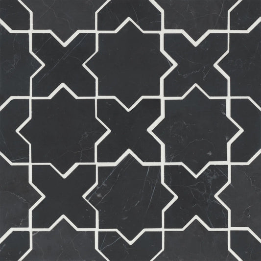 Bedrosians Monet Cross & Star Collection Nero Marquina 12.25" x 12.25" Honed Marble Mosaic Tile