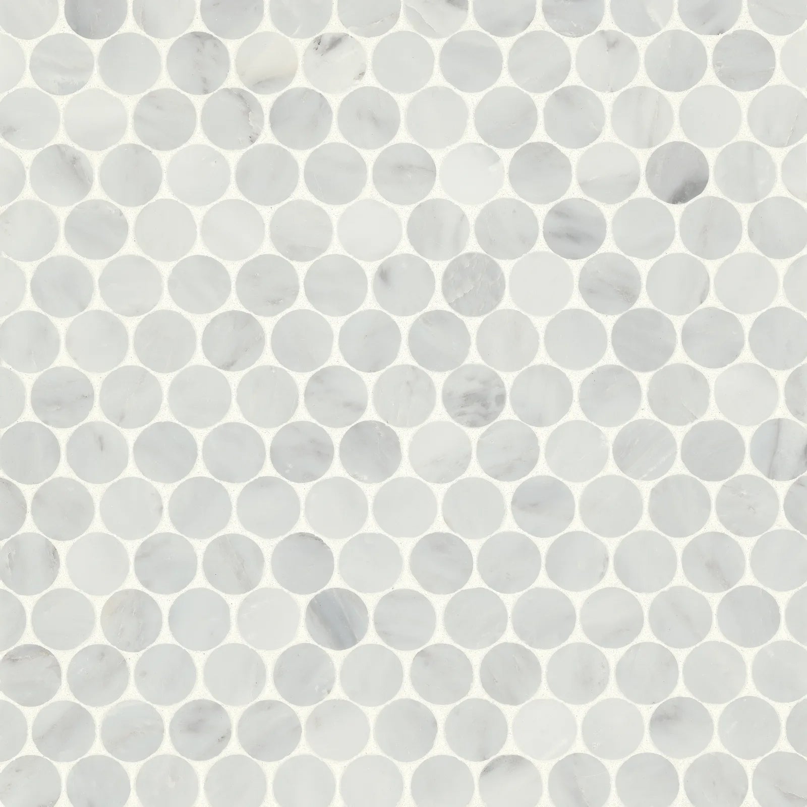 Bedrosians Monet Penny Round Collection Oriental White 11.25" x 11.75" Honed Marble Mosaic Tile