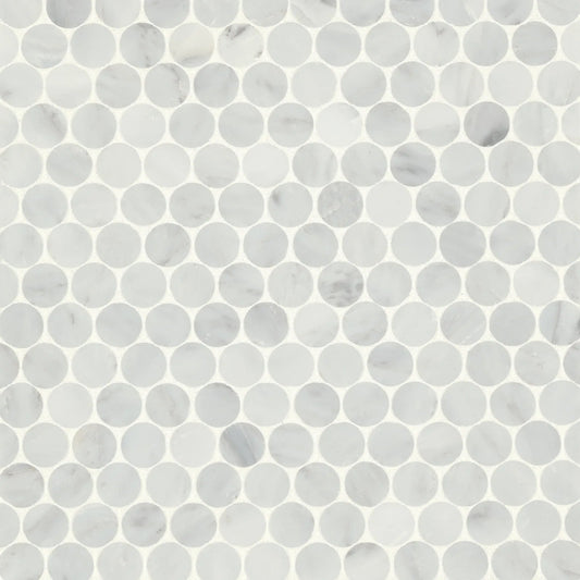 Bedrosians Monet Penny Round Collection Oriental White 11.25" x 11.75" Honed Marble Mosaic Tile