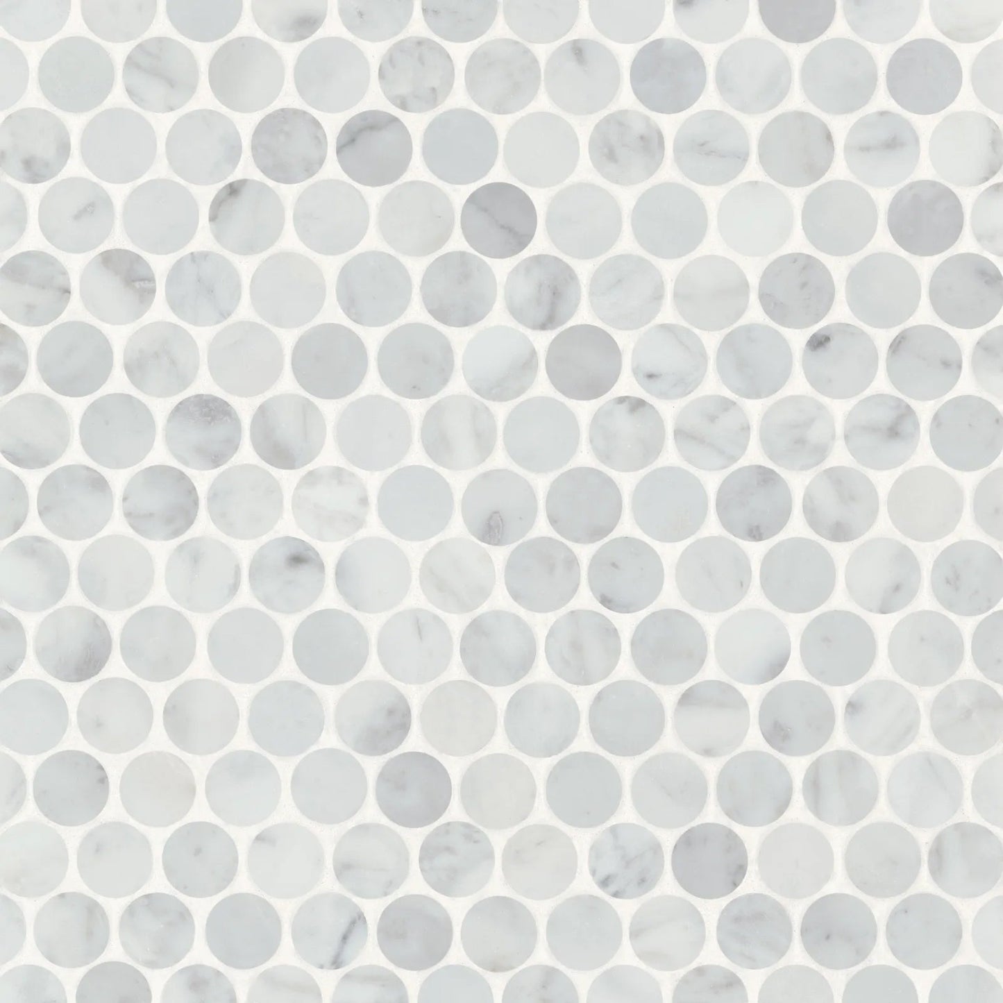 Bedrosians Monet Penny Round Collection White Carrara 11.25" x 11.75" Honed Marble Mosaic Tile