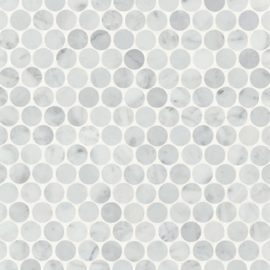 Bedrosians Monet Penny Round Collection White Carrara 11.25" x 11.75" Honed Marble Mosaic Tile