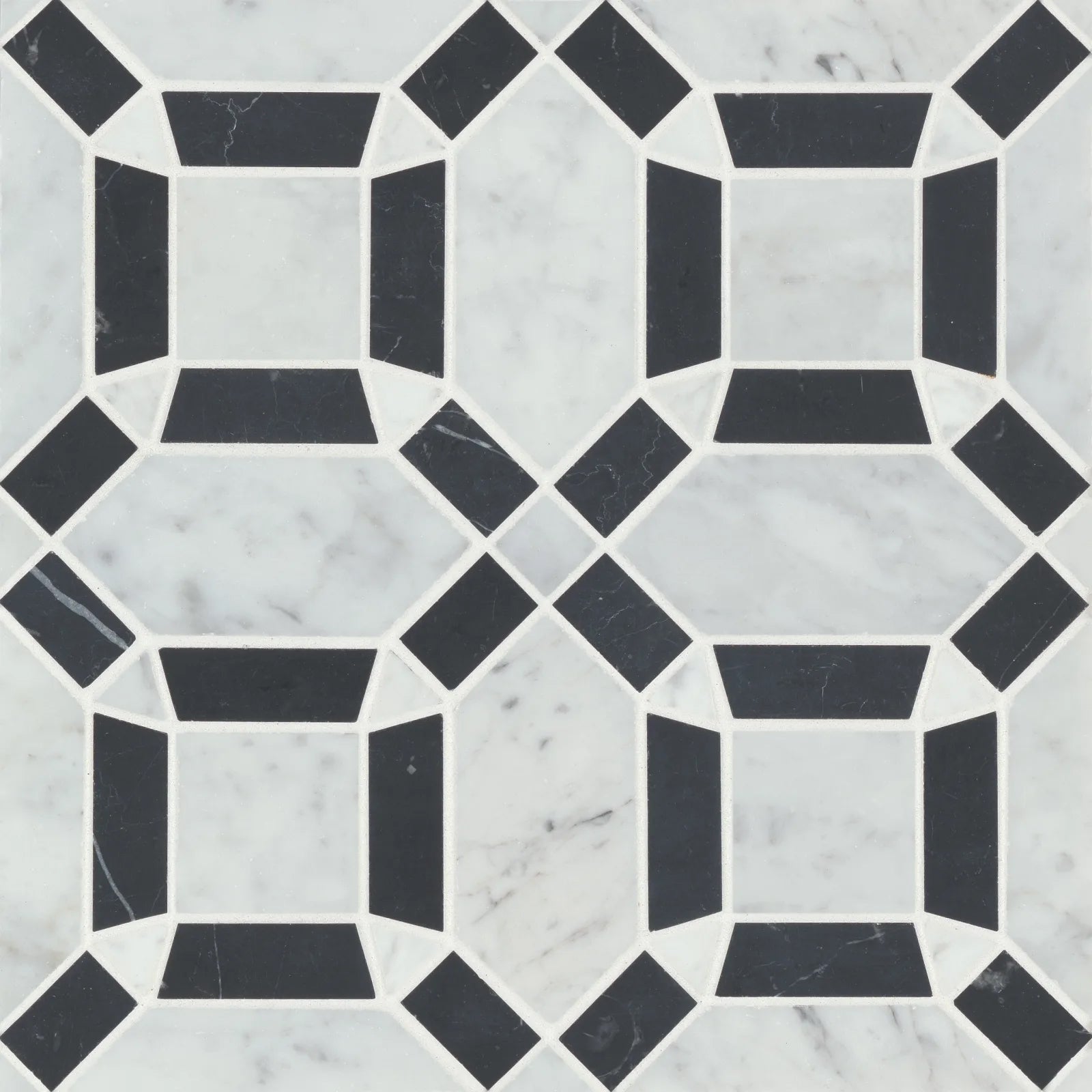 Bedrosians Monet Square & Triangle Collection White Carrara & Nero Marquina 11.25" x 11.25" Honed Marble Mosaic Tile