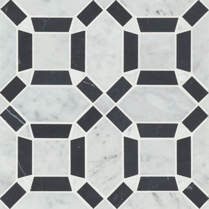 Bedrosians Monet Square & Triangle Collection White Carrara & Nero Marquina 11.25" x 11.25" Honed Marble Mosaic Tile