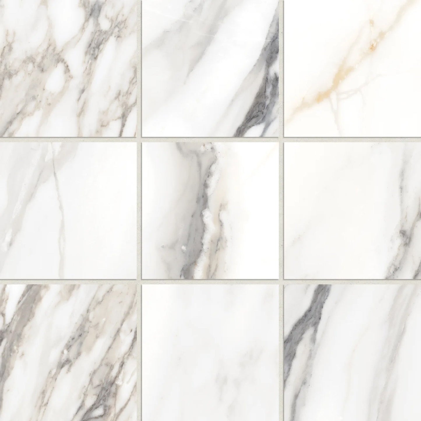 Bedrosians Prati Collection Calacatta Borghini Warm (4" x 4" Pieces) 12" x 12" Matte Porcelain Mosaic Tile