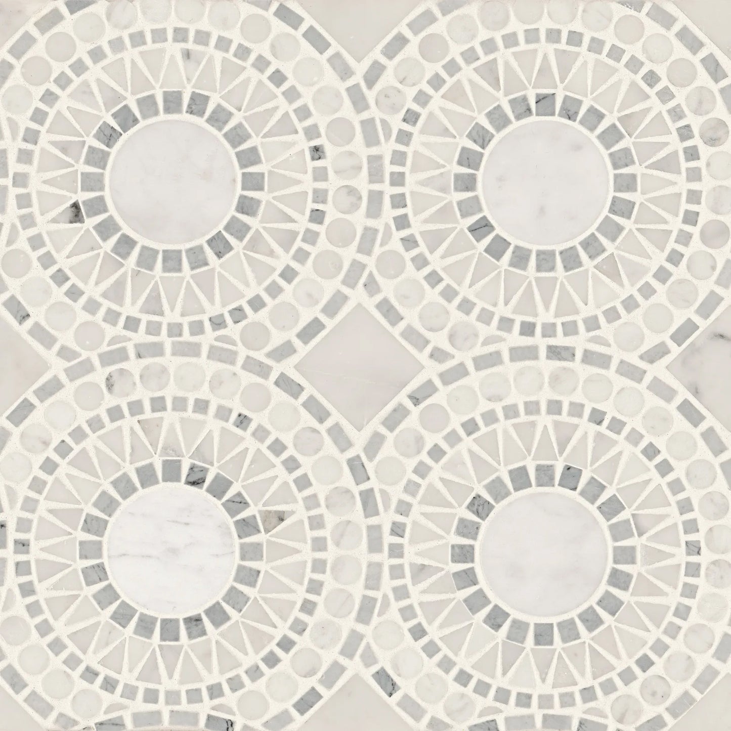 Bedrosians Solis Collection White Carrara & Bardiglio 14.25" x 14.25" Honed Marble Mosaic Tile