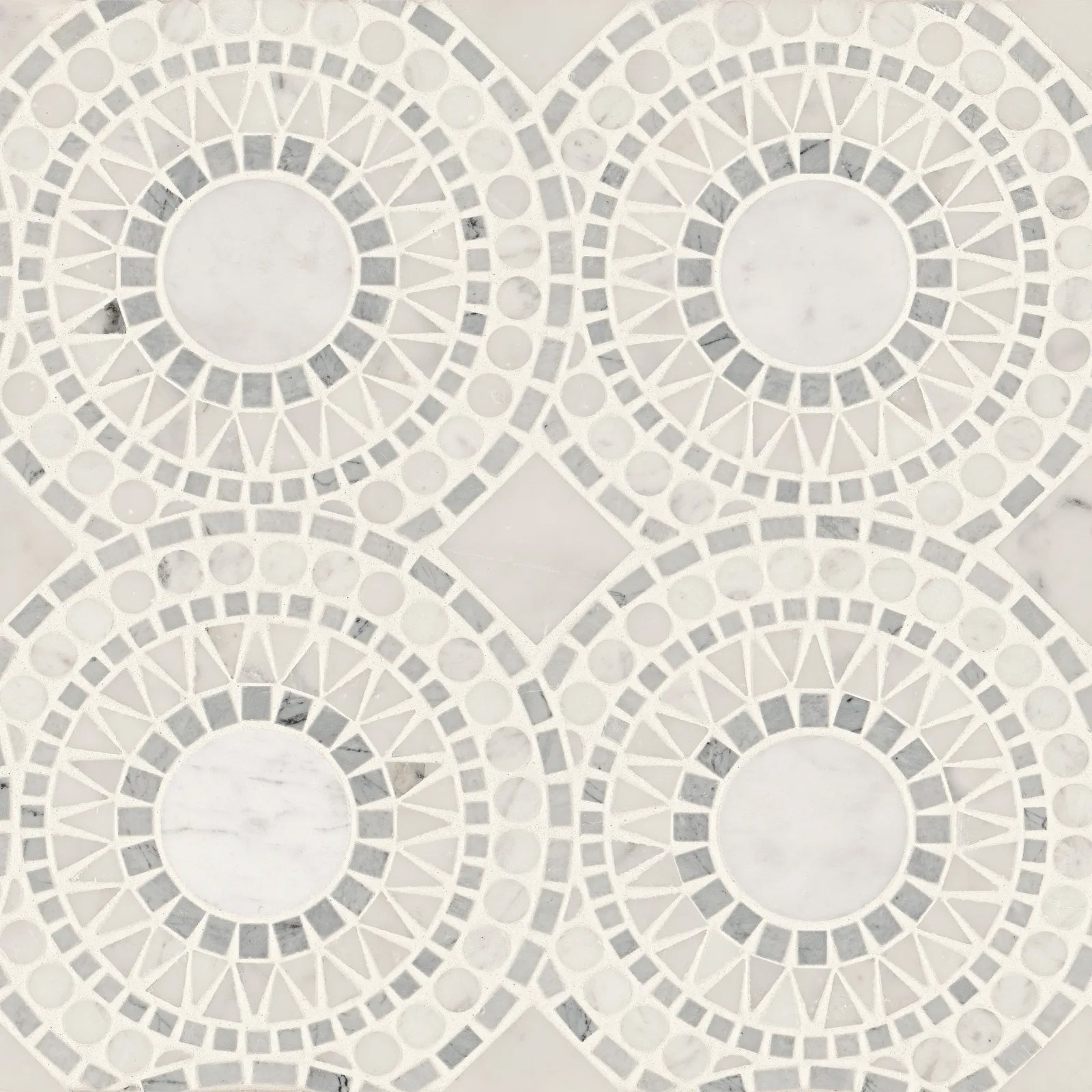 Bedrosians Solis Collection White Carrara & Bardiglio 14.25" x 14.25" Honed Marble Mosaic Tile