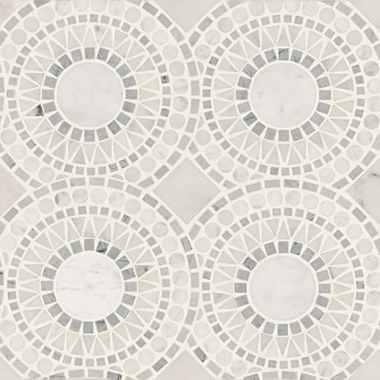 Bedrosians Solis Collection White Carrara & Bardiglio 14.25" x 14.25" Honed Marble Mosaic Tile