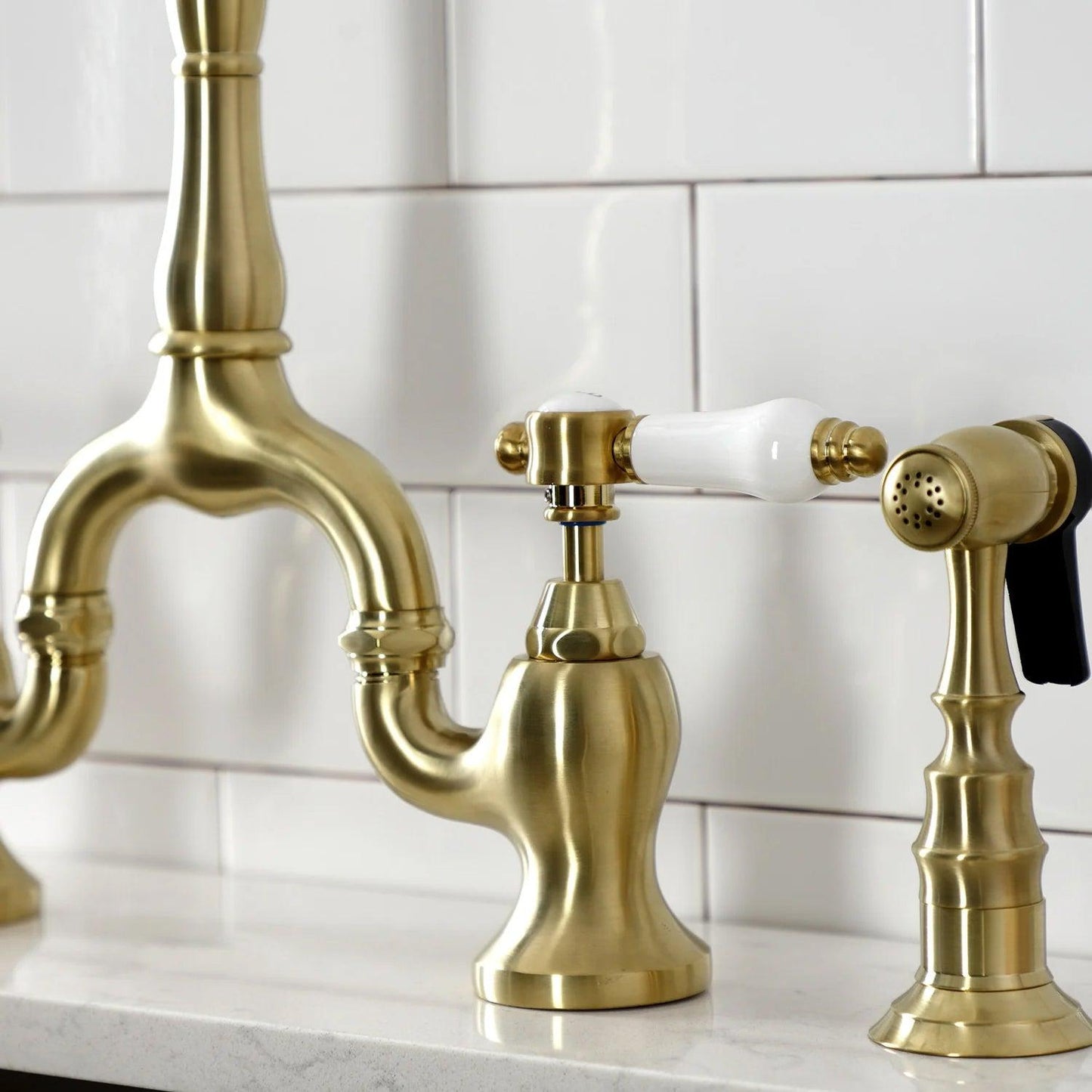 Bel-Air A Two-Handle 3-Hole Deck Mount Brass Side Sprayer Bridge Kitchen Faucet