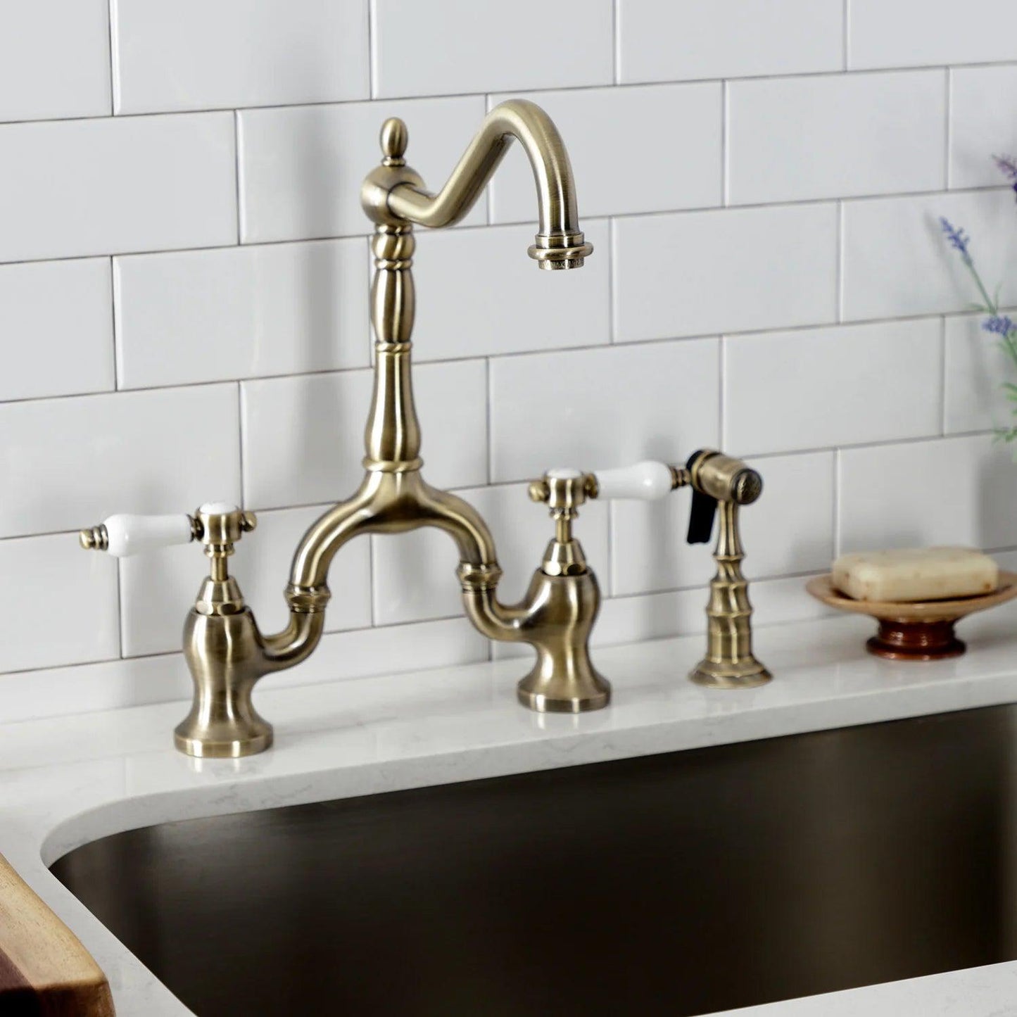 Bel-Air A Two-Handle 3-Hole Deck Mount Brass Side Sprayer Bridge Kitchen Faucet