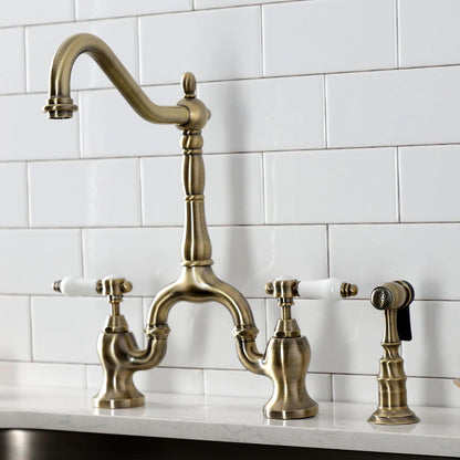 Bel-Air A Two-Handle 3-Hole Deck Mount Brass Side Sprayer Bridge Kitchen Faucet