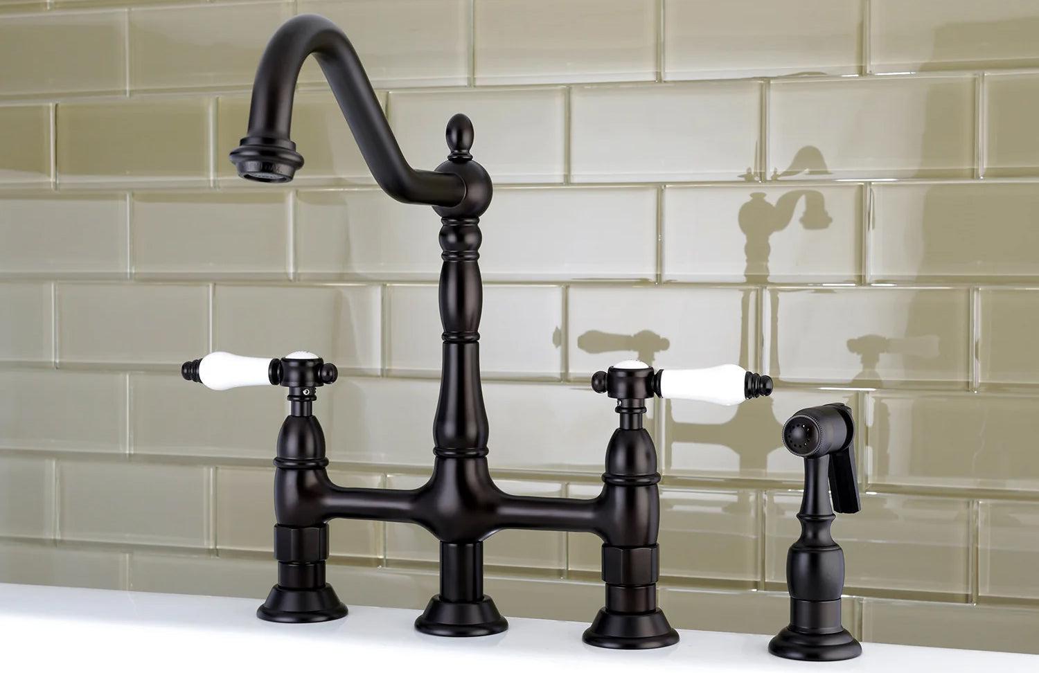 Bel-Air D Two-Handle 4-Hole Deck Mount Brass Side Sprayer Bridge Kitchen Faucet