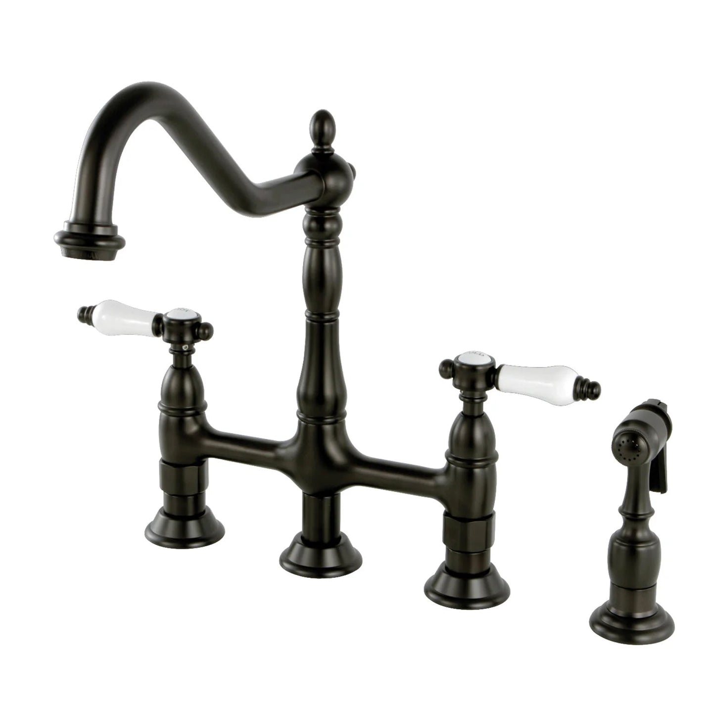 Bel-Air D Two-Handle 4-Hole Deck Mount Brass Side Sprayer Bridge Kitchen Faucet