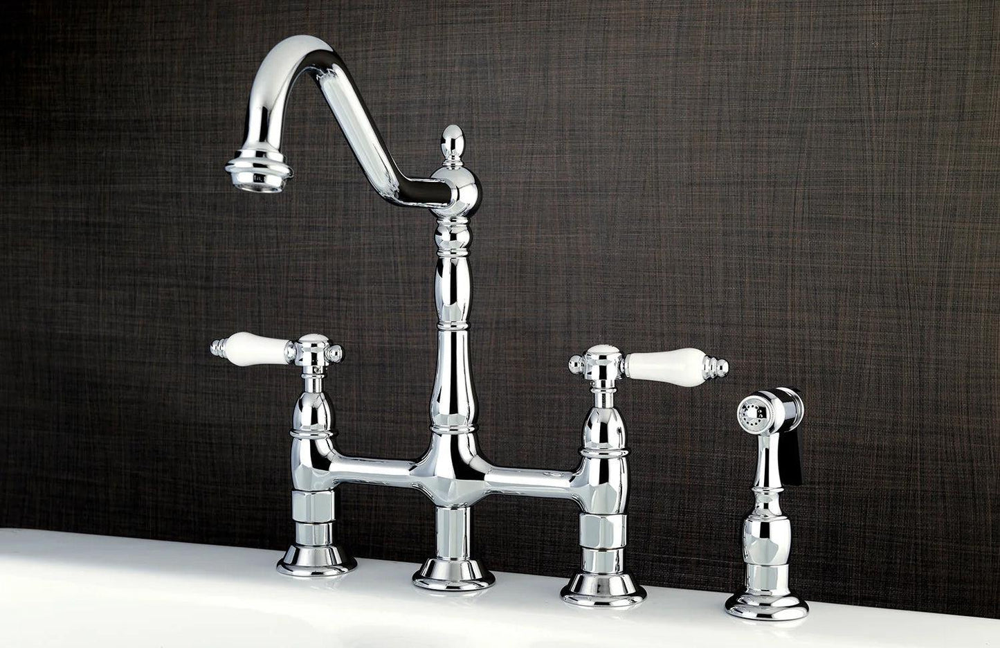 Bel-Air D Two-Handle 4-Hole Deck Mount Brass Side Sprayer Bridge Kitchen Faucet