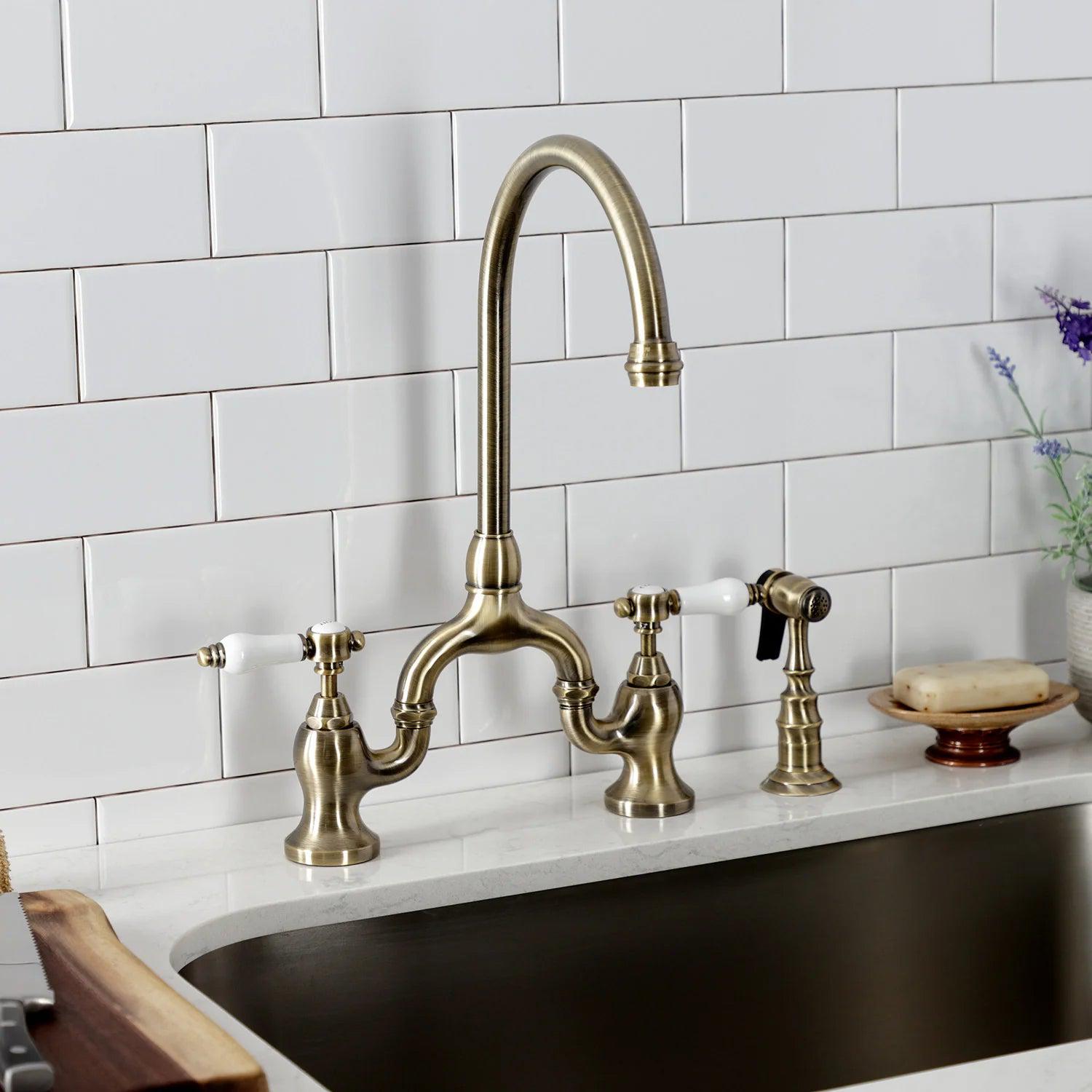 Bel-Air H Two-Handle 3-Hole Deck Mount Brass Side Sprayer Bridge Kitchen Faucet