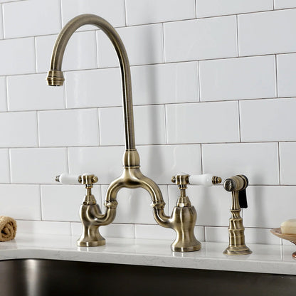 Bel-Air H Two-Handle 3-Hole Deck Mount Brass Side Sprayer Bridge Kitchen Faucet