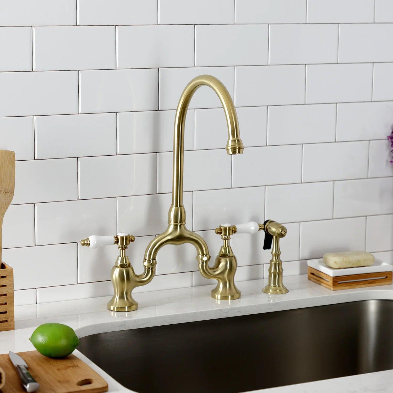 Bel-Air H Two-Handle 3-Hole Deck Mount Brass Side Sprayer Bridge Kitchen Faucet