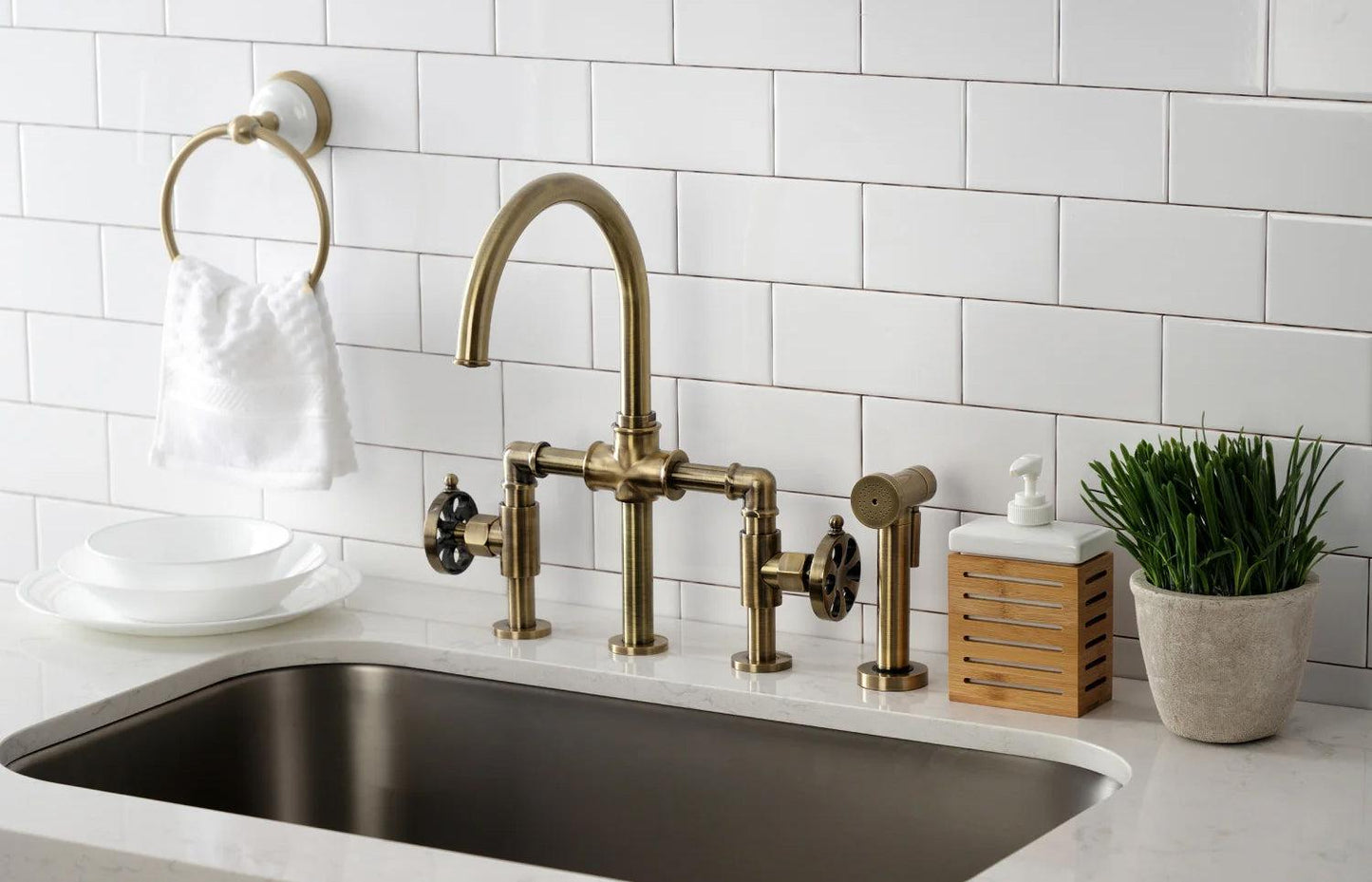 Belknap G Two-Handle 4-Hole Deck Mount Brass Side Sprayer Bridge Kitchen Faucet