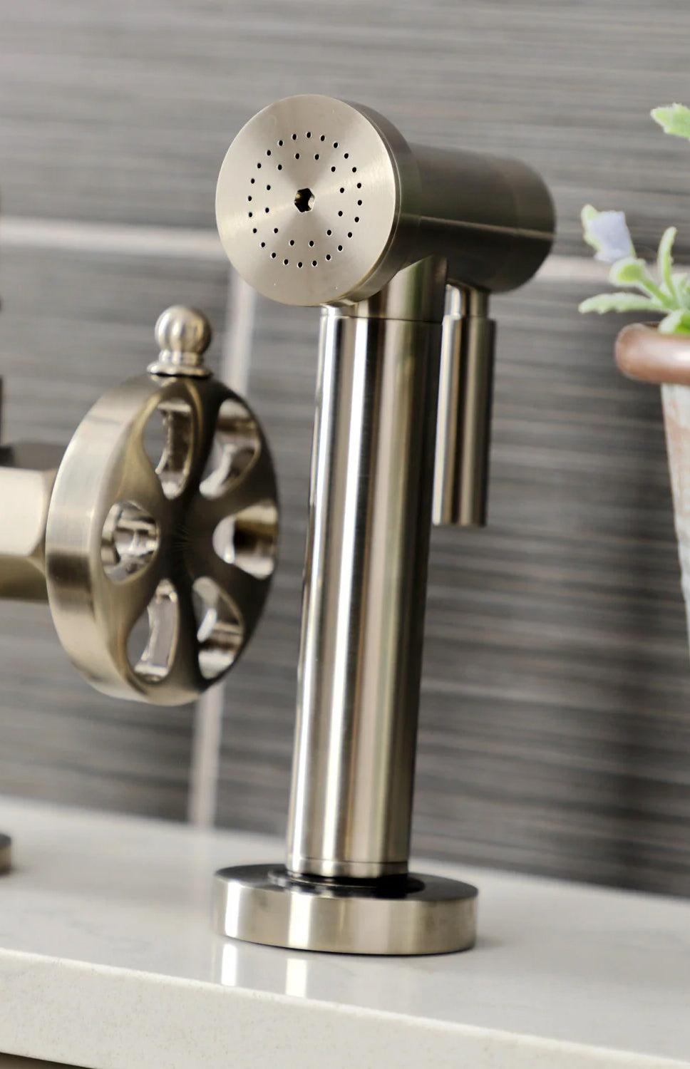 Belknap G Two-Handle 4-Hole Deck Mount Brass Side Sprayer Bridge Kitchen Faucet