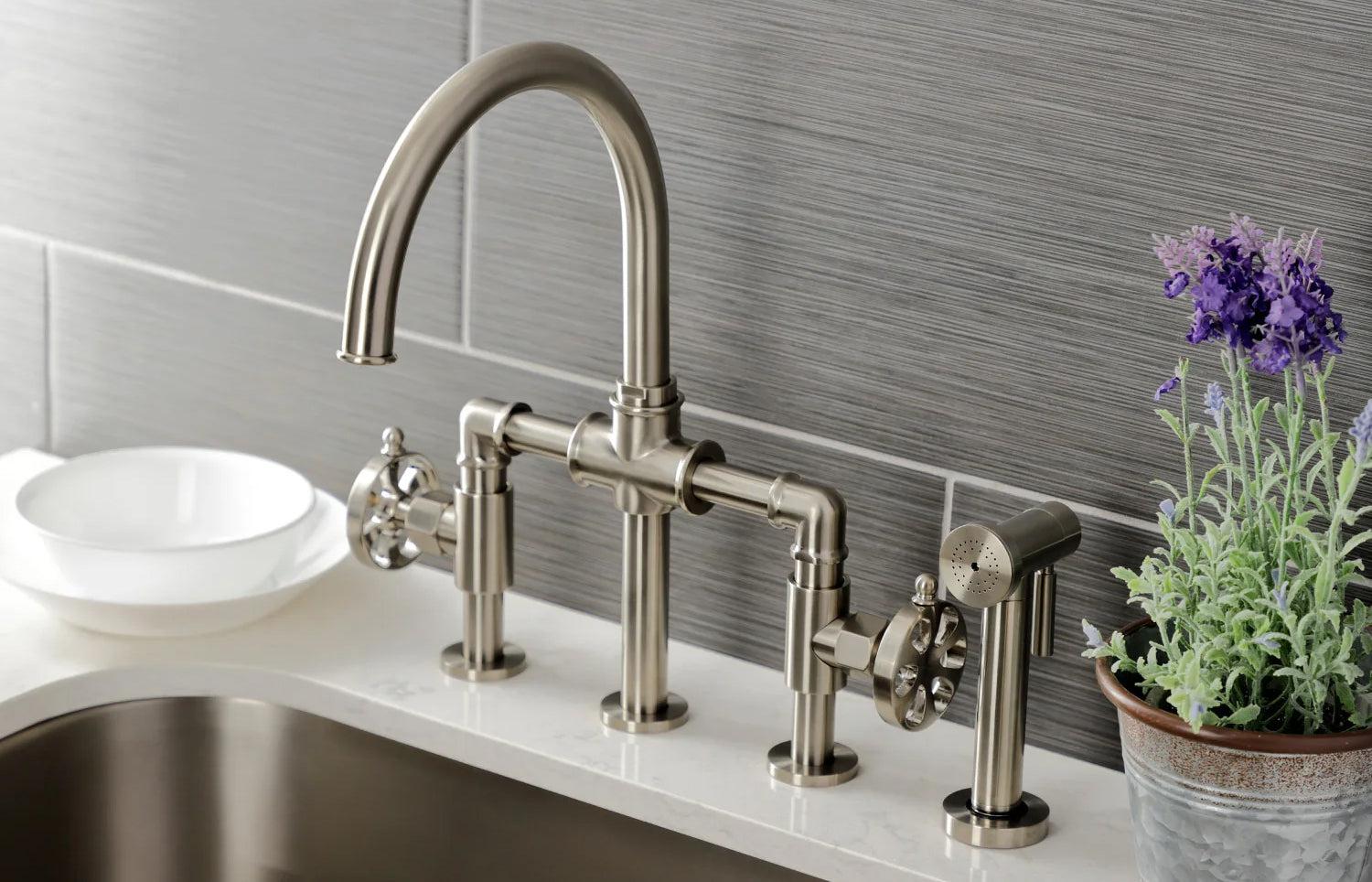 Belknap G Two-Handle 4-Hole Deck Mount Brass Side Sprayer Bridge Kitchen Faucet