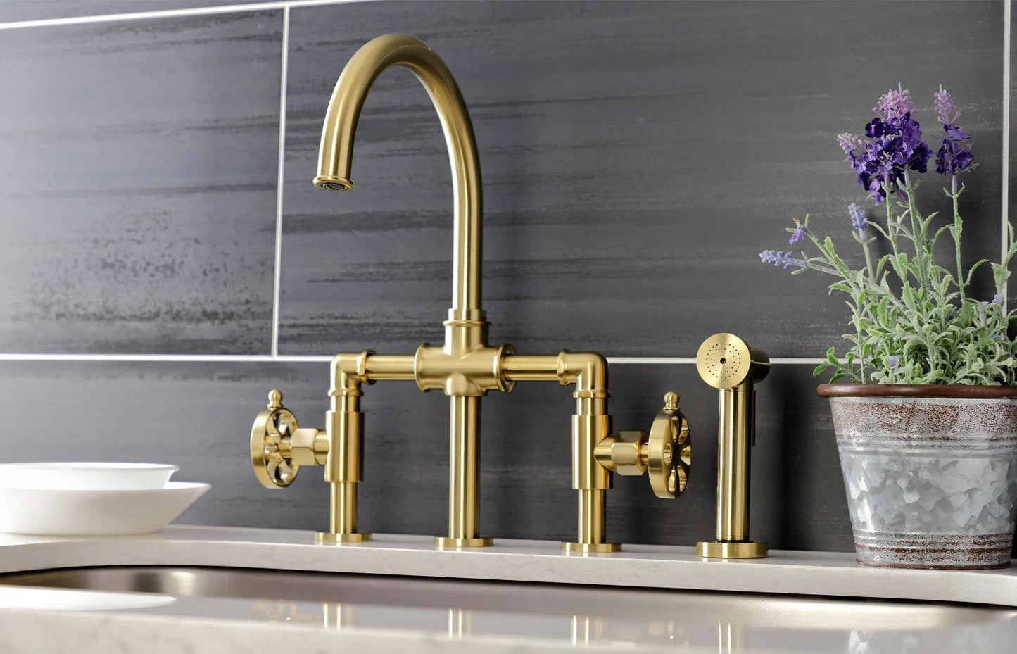 Belknap G Two-Handle 4-Hole Deck Mount Brass Side Sprayer Bridge Kitchen Faucet