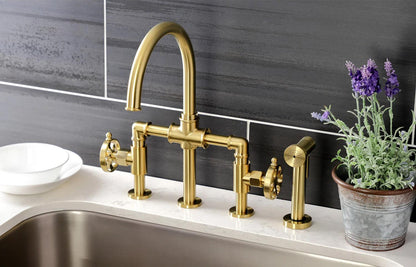 Belknap G Two-Handle 4-Hole Deck Mount Brass Side Sprayer Bridge Kitchen Faucet