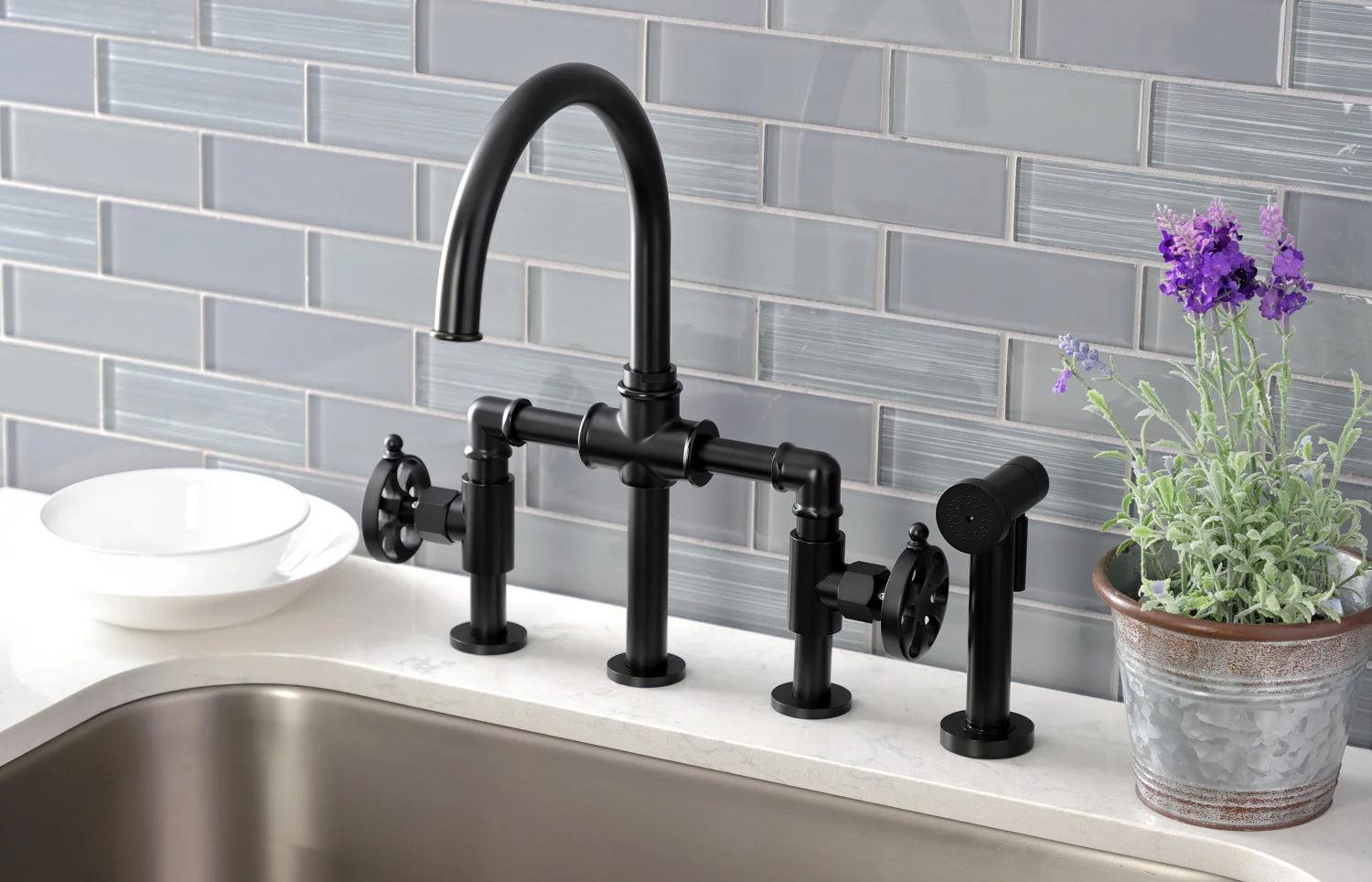 Belknap G Two-Handle 4-Hole Deck Mount Brass Side Sprayer Bridge Kitchen Faucet