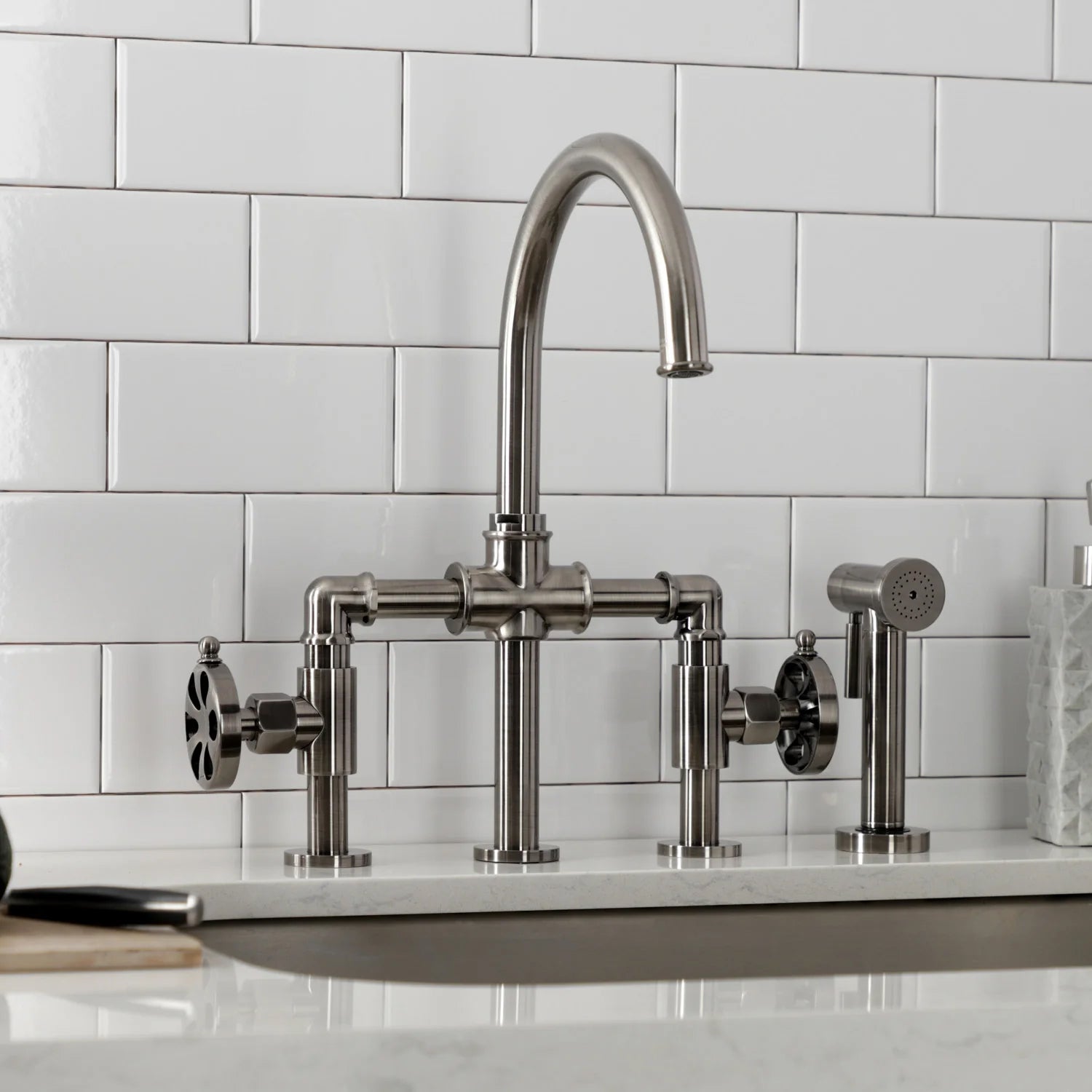 Belknap G Two-Handle 4-Hole Deck Mount Brass Side Sprayer Bridge Kitchen Faucet