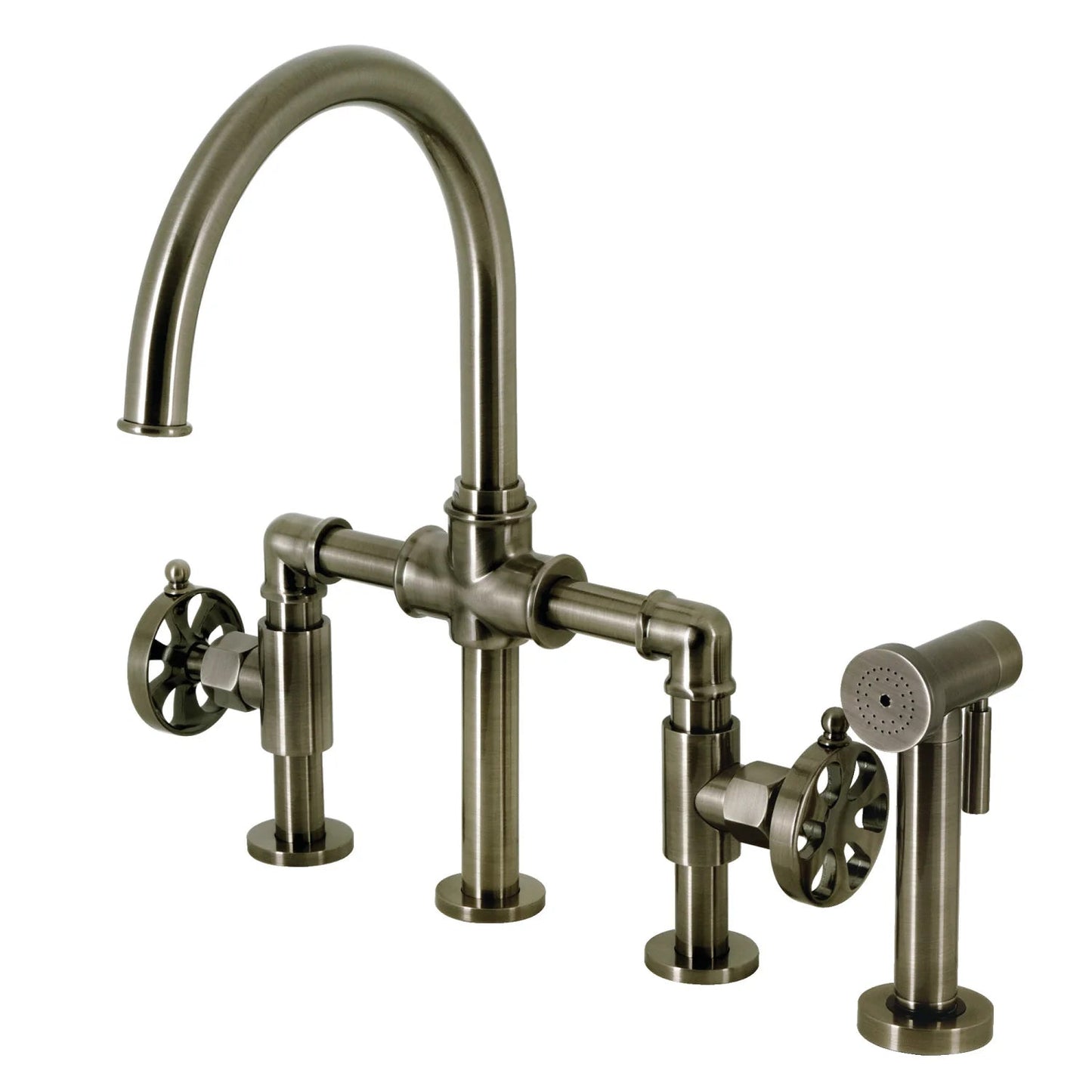 Belknap G Two-Handle 4-Hole Deck Mount Brass Side Sprayer Bridge Kitchen Faucet