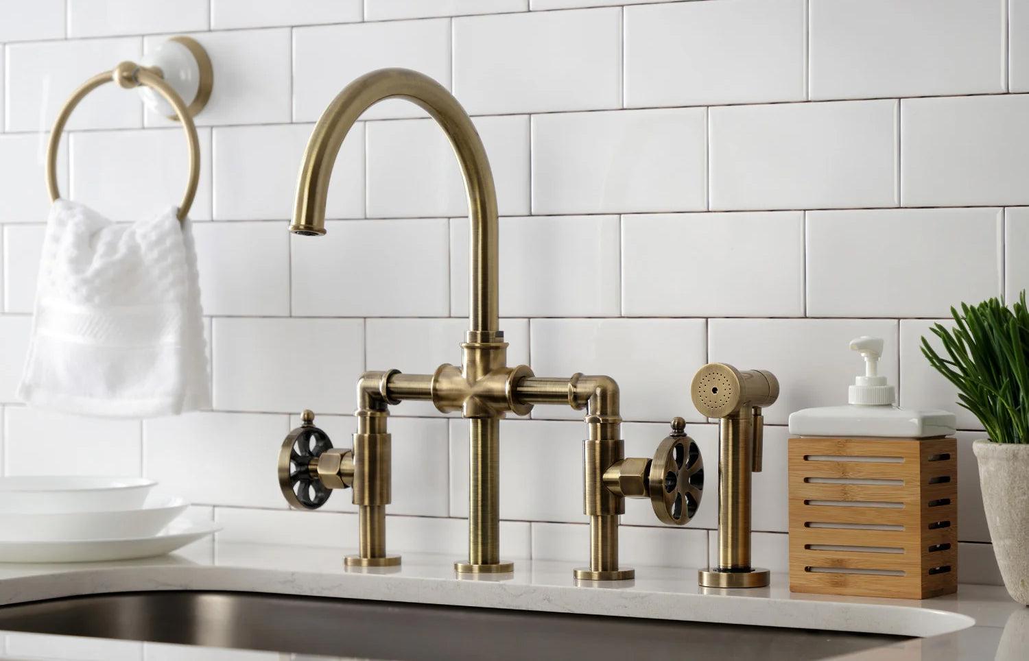 Belknap G Two-Handle 4-Hole Deck Mount Brass Side Sprayer Bridge Kitchen Faucet