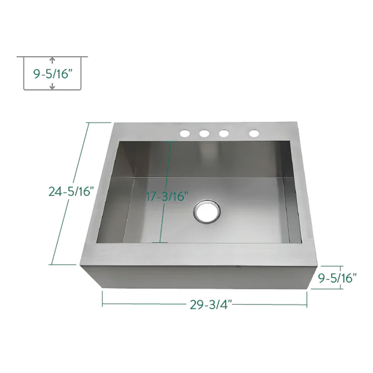 Edinburg 30" x 24-5/16" x 9-5/16" Stainless Steel Apron-Front 4-Hole Single Bowl Undermount Farmhouse Kitchen Sink