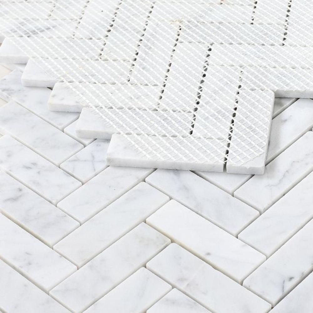 Elysium Tiles Chevron Long Carrara 11" x 12.5" Marble Mosaic Tile