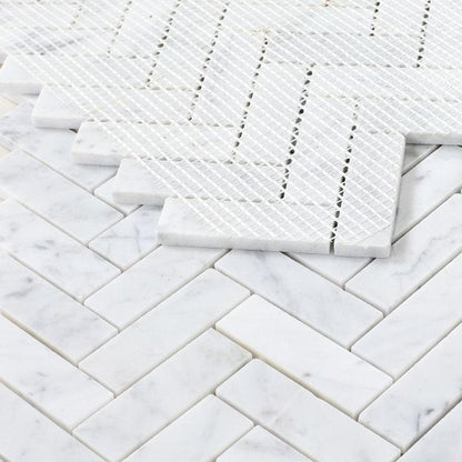 Elysium Tiles Chevron Long Carrara 11" x 12.5" Marble Mosaic Tile