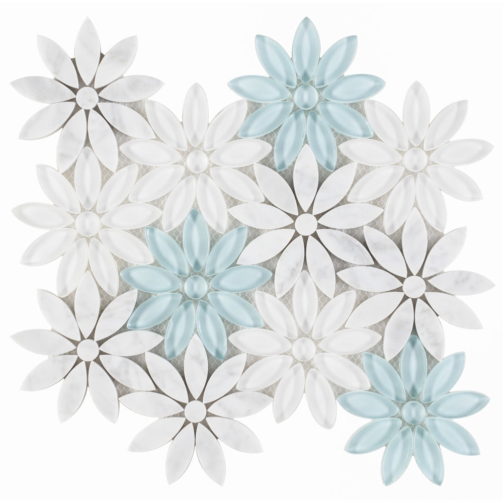 Elysium Tiles Daisy Blue 10" x 11.25" Glass and Marble Mosaic Tile