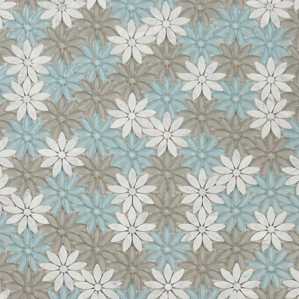 Elysium Tiles Daisy White Sky 10" x 11.25" Glass and Marble Mosaic Tile